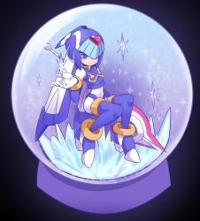 Rule 34 | 1girl, android, blue eyes, boots, helmet, high heels, highres, holding, holding weapon, ice, fairy leviathan (mega man), omeehayo, polearm, mega man (series), mega man zero (series), sitting, smile, snow globe, solo, spear, thigh boots, thighhighs, weapon