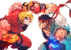 Rule 34 | 2boys, andrewcockroach, battle, black hair, blocking, blonde hair, blue eyes, clenched hands, dougi, facial hair, fingerless gloves, gloves, grin, headband, highres, ken masters, male focus, manly, motion blur, multiple boys, muscular, punching, ryu (street fighter), short hair, sleeveless, smile, spiked hair, street fighter, stubble, thick eyebrows, torn clothes, uppercut