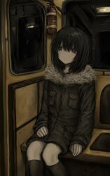 Rule 34 | 1girl, bad id, bad twitter id, black hair, brown coat, chan8016, closed mouth, coat, expressionless, fire extinguisher, fur-trimmed hood, fur trim, highres, hood, hood down, inactive account, long sleeves, original, reflection, short hair, sitting, solo, train interior, window