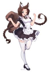 Rule 34 | 1girl, ;d, animal ear fluff, animal ears, black footwear, black ribbon, braid, breasts, brown hair, commentary, english commentary, fang, frills, full body, gift art, hair intakes, highres, iwbitu, long hair, long sleeves, looking at viewer, maid, medium breasts, neck ribbon, one eye closed, open mouth, original, puffy long sleeves, puffy sleeves, ribbon, shoes, simple background, smile, solo, standing, standing on one leg, tail, thighhighs, twin braids, very long hair, white background, white thighhighs