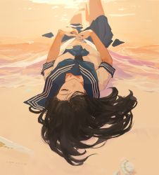 Rule 34 | 1girl, artist name, bare legs, beach, black hair, blouse, blue neckerchief, blue sailor collar, blue skirt, closed eyes, closed mouth, commentary request, dated, highres, long hair, lying, neckerchief, ocean, on back, on ground, original, outdoors, partially submerged, pleated skirt, sailor collar, school uniform, seashell, serafuku, shell, shirt, short sleeves, skirt, solo, water, white shirt, xilmo