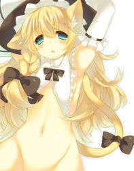 Rule 34 | 1girl, animal ears, armpits, bad id, bad pixiv id, blonde hair, blue eyes, bottomless, bow, braid, cat ears, cat girl, cat tail, enomoto hina, fang, female focus, hat, hat bow, kemonomimi mode, kirisame marisa, long hair, navel, out-of-frame censoring, revision, ribbon, single braid, solo, tail, touhou