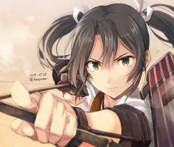 Rule 34 | 10s, 1girl, archery, arrow (projectile), black hair, bow (weapon), dated, drawing bow, flight deck, gloves, green eyes, hair ribbon, holding, holding bow (weapon), holding weapon, japanese clothes, kantai collection, kyuudou, long hair, muneate, partially fingerless gloves, partly fingerless gloves, revision, ribbon, tomozo kaoru, twintails, twitter username, weapon, yugake, zuikaku (kancolle)