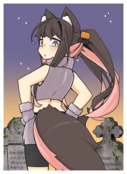 Rule 34 | ahoge, alternate costume, animal ears, animal hands, bike shorts, black hair, from below, gloves, gradient eyes, grey skirt, hands on own hips, highres, kantai collection, long hair, looking at viewer, looking back, macbail, multicolored eyes, multicolored hair, naganami (kancolle), paw gloves, pink hair, ponytail, shirt, skirt, sky, sleeveless, sleeveless shirt, star (sky), starry sky, tail, tombstone, twilight, two-tone hair, wavy hair, wolf ears, wolf tail, yellow eyes
