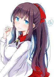 Rule 34 | 1girl, artist request, bow, brown hair, long hair, looking at viewer, new game!, ponytail, purple hair, red bow, red ribbon, red skirt, ribbon, shirt, signature, skirt, takimoto hifumi, very long hair, white shirt