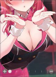 Rule 34 | absurdres, animal ears, bare shoulders, black vest, blowing kiss, blurry, blurry background, blush, bow, bowtie, breasts, bunny garden, cleavage, cosplay, cowboy shot, cropped, fake animal ears, gradient hair, head out of frame, highres, hololive, hololive dev is, ichijou ririka, kana (bunny garden), kana (bunny garden) (cosplay), long hair, mugino0515, multicolored hair, nontraditional playboy bunny, one eye closed, orange hair, pink hair, rabbit ears, red bow, red bowtie, red skirt, skirt, vest, virtual youtuber