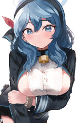 Rule 34 | 1girl, absurdres, ako (blue archive), bell, black garter belt, black skirt, blue archive, blue eyes, blue hair, blush, bracelet, breasts, earrings, garter belt, halo, highres, holding own arm, jewelry, large breasts, long sleeves, looking at viewer, miniskirt, neck bell, sideboob, sideless outfit, simple background, skirt, solo, stud earrings, sunya (honorin-yuunibo), white background
