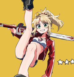 Rule 34 | 1girl, black footwear, blonde hair, blush, boots, breasts, clarent (fate), denim, denim shorts, fate/apocrypha, fate/grand order, fate (series), green eyes, grin, hair ornament, hair scrunchie, highres, holding, holding sword, holding weapon, jacket, jewelry, leg up, looking at viewer, mordred (fate), mordred (fate/apocrypha), mordred (memories at trifas) (fate), necklace, open clothes, open jacket, orange background, over shoulder, ponytail, red jacket, red scrunchie, scrunchie, short shorts, shorts, small breasts, smile, solo, star (symbol), sword, uotsu (sabakou), weapon, weapon over shoulder
