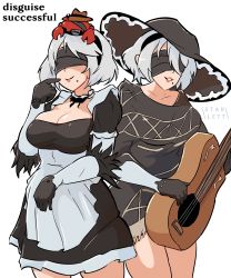 Rule 34 | 2girls, absurdres, artist name, blindfold, breasts, cleavage, disguise, grey hair, guitar, highres, instrument, large breasts, legs, lipstick, maid, makeup, mexico, multiple girls, nier (series), nier:automata, short hair, skirt, smile, thighs, 2b (nier:automata)
