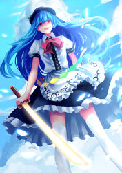 Rule 34 | 1girl, blue hair, blue sky, bow, cloud, day, dress, dutch angle, frills, gradient background, hat, hinanawi tenshi, layered dress, ling (vivianling), long hair, open mouth, puffy sleeves, red eyes, short sleeves, sky, smile, solo, sword of hisou, thighhighs, touhou, white thighhighs, zettai ryouiki