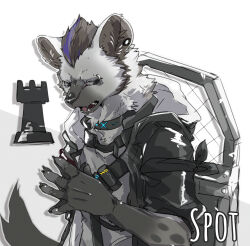 Rule 34 | 1boy, absurdres, ao gravity, arknights, black jacket, character name, claws, commentary request, ear piercing, eyebrow piercing, fangs, furry, furry male, grey shirt, highres, hyena boy, hyena ears, hyena tail, infection monitor (arknights), jacket, looking down, male focus, multicolored hair, open mouth, piercing, shield, shirt, spot (arknights), streaked hair