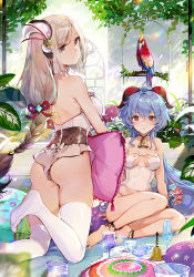 Rule 34 | 2girls, ahoge, akizero1510, anklet, ass, back, bare shoulders, barefoot, bell, bird, blue hair, braid, breasts, breasts apart, closed mouth, commentary, cowbell, cup, dress, drinking glass, english commentary, feet, flower, from behind, ganyu (genshin impact), genshin impact, goat horns, hair between eyes, highres, horns, indoors, jewelry, kneeling, long hair, looking at viewer, macaw, medium breasts, multiple girls, neck bell, no shoes, parrot, parted lips, pillow, plant, red eyes, red flower, shenhe (genshin impact), shirt, silver hair, sitting, smile, thighhighs, thighs, very long hair, white dress, white legwear, white shirt