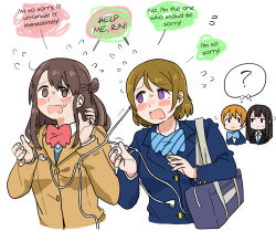 Rule 34 | 10s, 4girls, :3, ?, @ @, anyan (jooho), bag, black hair, blazer, blue bow, blue bowtie, blue jacket, blush, bow, bowtie, brown hair, brown jacket, buttons, crossover, earphones, english text, flying sweatdrops, highres, hoshizora rin, idolmaster, idolmaster cinderella girls, jacket, koizumi hanayo, long hair, looking at another, love live!, love live! school idol project, md5 mismatch, multiple girls, name connection, open mouth, orange hair, red bow, red bowtie, shared thought bubble, shibuya rin, shimamura uzuki, short hair, striped bow, striped bowtie, striped clothes, striped neckwear, sweat, sweatdrop, tangle, thought bubble, translated, upper body, white background