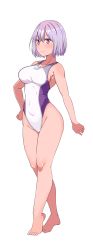 Rule 34 | 1girl, absurdres, aiuti, barefoot, blush, body blush, breasts, collarbone, competition swimsuit, covered navel, full body, gridman universe, highleg, highleg swimsuit, highres, large breasts, crossed legs, looking at viewer, medium breasts, one-piece swimsuit, purple hair, red eyes, shinjou akane, short hair, smile, solo, ssss.gridman, standing, swimsuit, white one-piece swimsuit, wide hips