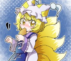 Rule 34 | !, !!, 1girl, aburaage, arms up, blonde hair, blue background, blush, chibi, clenched hands, commentary request, dress, food, food in mouth, fox tail, gradient background, hair between eyes, hat, hat with ears, katanagi1129, long sleeves, looking at viewer, multiple tails, ofuda, polka dot, polka dot background, short hair, solo, surprised, sweat, tabard, tail, tassel, touhou, upper body, white dress, yakumo ran, yellow eyes
