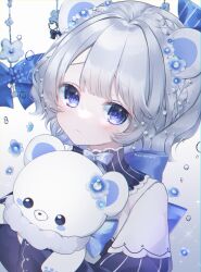 Rule 34 | 1girl, absurdres, blue eyes, closed mouth, highres, holding, holding stuffed toy, looking at viewer, morino wako, original, short hair, solo, stuffed animal, stuffed toy, teddy bear, twitter username, upper body, white hair