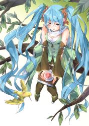 Rule 34 | 1girl, bad id, bad pixiv id, bird, blue eyes, blue hair, book, cup, detached sleeves, flower, hair flower, hair ornament, hatsune miku, headset, highres, in tree, long hair, matching hair/eyes, ribbon-trimmed clothes, ribbon trim, sakuragi ren, scarf, sitting, sitting in tree, solo, teacup, thighhighs, tree, twintails, very long hair, vocaloid, white scarf