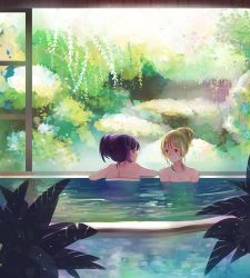 Rule 34 | 10s, 2girls, arm rest, ayase eli, back, bare arms, bare back, bare shoulders, bath, bathing, blonde hair, collarbone, female focus, hair up, impressionism, inuko (redconstellation), long hair, looking at another, love live!, love live! school idol project, multiple girls, naked towel, neck, nude, onsen, partially submerged, plant, purple hair, scenery, sidelocks, smile, submerged, tojo nozomi, towel, upper body, water, wet