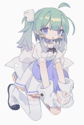 Rule 34 | 1girl, :o, ahoge, apron, blood, blue apron, blue collar, blue eyes, blush stickers, cake, cake slice, collar, cuts, daizu (melon-lemon), detached ahoge, dress, food, fruit, full body, gloves, green hair, hair ornament, highres, holding, holding plate, injury, kneeling, looking at viewer, loose thighhigh, one side up, original, oversized gloves, parted lips, plate, puffy short sleeves, puffy sleeves, purple eyes, self-harm, short sleeves, sidelocks, simple background, solo, strawberry, strawberry shortcake, thighhighs, white background, white dress, white footwear, white gloves, white thighhighs