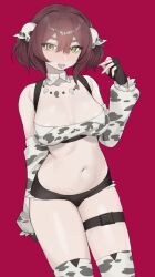 Rule 34 | 1girl, animal ears, animal print, black gloves, black shorts, breasts, cow ears, cow print, crop top, detached sleeves, fingerless gloves, gloves, green eyes, hair ornament, highres, jewelry, kuroshiro ti, large breasts, looking at viewer, necklace, open mouth, original, red background, red hair, short hair, short shorts, shorts, simple background, skull hair ornament, solo, thigh strap, thighhighs