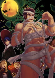 Rule 34 | 1boy, 3girls, abs, akihiro altland, bandages, bara, brown hair, character request, cityscape, convenient censoring, cross, cross necklace, dark-skinned male, dark skin, f jun, feet out of frame, flaccid, foreskin, gundam, gundam tekketsu no orphans, halloween, halloween costume, hat, highres, jack-o&#039;-lantern, jewelry, long sideburns, male focus, male pubic hair, multiple girls, muscular, muscular male, naked bandage, navel, necklace, pectorals, penis, penis peek, pubic hair, red eyes, revealing clothes, scar, scar across eye, scar on face, short hair, sideburns, solo focus, stitches, stomach, thick eyebrows, thick thighs, thighs, undressing, witch, witch hat
