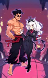 Rule 34 | 1boy, 1girl, alcohol, arm hair, bad id, bad twitter id, baggy pants, barefoot, belt, black hair, black neckwear, black suit, breasts, business suit, chest hair, collared shirt, commentary, cup, demon girl, demon horns, demon tail, drinking glass, english commentary, formal, full body, glasses, gloves, hairband, hand on another&#039;s chest, height difference, helltaker, helltaker (character), hetero, horns, long hair, low-tied long hair, lucifer (helltaker), manly, medium breasts, mole, mole under eye, muscular, necktie, optionaltypo, pale skin, pants, pince-nez, pointy footwear, ponytail, red belt, red eyes, red shirt, shirt, shoes, smile, spiked hairband, spikes, suit, sunglasses, tail, topless male, white gloves, white hair, white horns, wine, wine glass