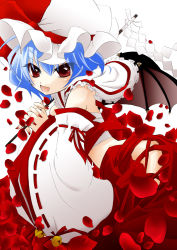 Rule 34 | &gt;:), &gt;:d, 1girl, :d, aoro, bat wings, bell, blue hair, cosplay, detached sleeves, fang, female focus, gohei, hakurei reimu, hakurei reimu (cosplay), own hands clasped, hat, japanese clothes, miko, open mouth, own hands together, plant, red eyes, remilia scarlet, sarashi, smile, solo, touhou, v-shaped eyebrows, white background, wings