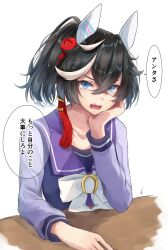 Rule 34 | 1girl, animal ears, black hair, blue eyes, bow, collarbone, commentary request, hair between eyes, hand up, highres, horse ears, katsuragi ace (umamusume), long sleeves, looking at viewer, multicolored hair, open mouth, poco., ponytail, purple shirt, school uniform, shirt, simple background, solo, streaked hair, tracen school uniform, translation request, umamusume, upper body, v-shaped eyebrows, white background, white bow, white hair