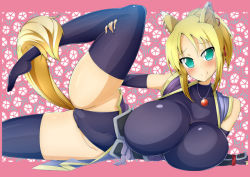 Rule 34 | 10s, 1girl, animal ears, aqua eyes, bare shoulders, black thighhighs, blonde hair, breasts, cameltoe, dog days, female focus, fingerless gloves, fox ears, fox tail, gloves, green eyes, huge breasts, jewelry, leg lift, long hair, lying, necklace, on side, ponytail, short hair, smile, solo, spread legs, tail, thick thighs, thighhighs, thighs, toudori, yukikaze panettone