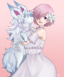 Rule 34 | 1girl, :d, animal, choker, clothing cutout, dress, fate/grand order, fate (series), flower, ginshima jill, hair flower, hair ornament, hair over one eye, highres, holding, holding animal, looking at viewer, mash kyrielight, mash kyrielight (formal dress), official alternate costume, open mouth, pink background, pink hair, purple eyes, ribbon, ribbon choker, short hair, short sleeves, shoulder cutout, simple background, smile, solo, standing, white dress, white flower, white ribbon