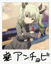 Rule 34 | 10s, 1girl, anchovy (girls und panzer), anzio military uniform, belt, black belt, black neckwear, black shirt, blurry, blurry background, closed mouth, commentary request, crossed arms, depth of field, dress shirt, drill hair, girls und panzer, green hair, grey jacket, grey pants, haniwa (leaf garden), highres, jacket, long hair, long sleeves, looking at viewer, military, military uniform, military vehicle, motor vehicle, necktie, pants, partial commentary, red eyes, sam browne belt, shirt, smile, standing, tank, twin drills, twintails, uniform