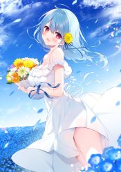 Rule 34 | 1girl, bare shoulders, blue flower, blue hair, blue ribbon, blurry, blurry background, blurry foreground, blush, bouquet, breasts, cleavage, cloud, collarbone, dress, falling petals, field, flower, flower field, frilled sleeves, frills, hair blowing, hair flower, hair ornament, head tilt, highres, hisagi (puchimaple), holding, holding bouquet, hoshino supika, large breasts, light blue hair, light particles, looking at viewer, looking to the side, masquerade channel, medium hair, no bra, open mouth, original, petals, pink eyes, ribbon, see-through, see-through dress, sky, smile, sundress, thighs, white dress, white ribbon, wind, wind lift