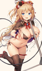 Rule 34 | 1girl, :d, absurdres, akai haato, akai haato (gothic lolita), bikini, black bikini, blonde hair, blue eyes, bow, breasts, brown thighhighs, cleavage, covering privates, covering one breast, duplicate, hair bow, hair ornament, hairclip, highres, holding, hololive, large breasts, leg belt, leg up, long hair, looking at viewer, microphone, navel, open mouth, red footwear, scrunchie, shoes, side-tie bikini bottom, smile, solo, standing, standing on one leg, stomach, string bikini, swimsuit, sy4, thighhighs, thighs, two side up, untied bikini, v, virtual youtuber, white background, wrist scrunchie, x hair ornament