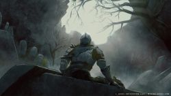 Rule 34 | 1other, armor, artist name, bare tree, breastplate, coffin, dark souls (series), dark souls iii, gauntlets, grass, helm, helmet, knight, l aciel, looking up, outdoors, pauldrons, shoulder armor, sitting, solo, tombstone, torn, torn clothes, tree, vambraces