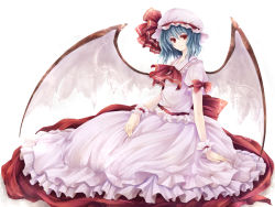 Rule 34 | 1girl, bad id, bad pixiv id, bat wings, blue hair, colored eyelashes, eyelashes, female focus, hagiwara rin, hat, large wings, looking at viewer, red eyes, remilia scarlet, short hair, simple background, sitting, smile, solo, touhou, wings, wrist cuffs