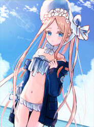 Rule 34 | 1girl, abigail williams (fate), abigail williams (swimsuit foreigner) (fate), abigail williams (swimsuit foreigner) (third ascension) (fate), arm at side, bare shoulders, bikini, black jacket, blonde hair, blue eyes, blue sky, bow, cloud, commentary request, cowboy shot, day, dutch angle, expressionless, fate/grand order, fate (series), hand up, jacket, lens flare, long hair, looking at viewer, navel, ocean, open clothes, open jacket, outdoors, parted bangs, sese nagi, sidelocks, sky, solo, stomach, swimsuit, twitter username, very long hair, white bikini, white bonnet, white bow