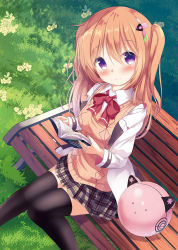 Rule 34 | 1girl, bench, black thighhighs, blush, book, breasts, brown hair, chinomaron, clockwork rabbit, closed mouth, collared shirt, commentary request, day, dress shirt, flower, gochuumon wa usagi desu ka?, grass, grey skirt, hair between eyes, hair ornament, hairclip, head tilt, highres, holding, holding book, hoto cocoa, jacket, long hair, looking at viewer, medium breasts, on bench, open book, open clothes, open jacket, outdoors, park bench, plaid, plaid skirt, pleated skirt, purple eyes, robot, shirt, sitting, skirt, smile, solo, sweater vest, thighhighs, two side up, white jacket, white shirt, yellow flower