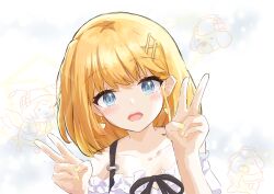 Rule 34 | 1girl, absurdres, bee, blonde hair, blue eyes, bug, dog, double v, highres, hololive, hololive english, insect, short hair, solo, v, virtual youtuber, watson amelia