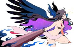 Rule 34 | 1girl, arm cannon, barefoot, black hair, black wings, bow, breasts, commentary, constellation, hair bow, jpeg artifacts, long hair, mashuu masaki, medium breasts, nude, red eyes, reiuji utsuho, simple background, solo, third eye, touhou, weapon, white background, wings