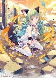Rule 34 | 1girl, animal ears, bare shoulders, black gloves, bow, bracelet, cat ears, collar, copyright name, copyright notice, fingerless gloves, gloves, green hair, highres, holding own arm, jewelry, long hair, looking at viewer, official art, open mouth, outdoors, pillar, red eyes, ribbon, shitorii nina, sitting, sleeveless, solo, striped bow, striped ribbon, thighhighs, torn clothes, torn thighhighs, wariza, wasabi (sekai), white thighhighs, z/x