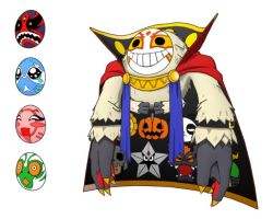 Rule 34 | bandai, belt, cape, character sheet, claws, digimon, digimon new century, floating, full body, lianpumon, mask, monkey, official art, print cape, smile, solo