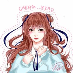 Rule 34 | 1girl, animification, blush, brown eyes, brown hair, character name, cheng xiao, clenched hands, k-pop, katherine (mxnx.c), long hair, looking to the side, portrait, real life, signature, solo, wjsn