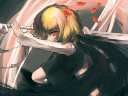 Rule 34 | 1girl, attack, bandages, blonde hair, blouse, darkness, ex-rumia, hair over one eye, hatsu ya, huge weapon, red eyes, ribbon, rumia, shirt, short hair, skirt, sword, touhou, vest, weapon