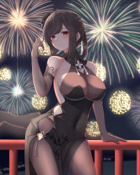 Rule 34 | 1girl, absurdres, azur lane, bare shoulders, black dress, black pantyhose, blush, breasts, chen hai (azur lane), chen hai (vestibule of wonders) (azur lane), china dress, chinese clothes, closed mouth, commentary request, covered navel, cowboy shot, dress, elbow gloves, fireworks, gloves, hand up, highres, large breasts, long hair, looking at viewer, mashiro03, official alternate costume, outdoors, pantyhose, red eyes, sleeveless, sleeveless dress, solo