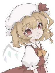 1girl ascot blonde_hair bow closed_mouth crystal crystal_wings fang flandre_scarlet hair_between_eyes harukairo hat hat_ribbon highres looking_at_viewer mob_cap puffy_short_sleeves puffy_sleeves red_eyes red_vest ribbon shirt short_hair short_sleeves side_ponytail simple_background smile solo touhou upper_body vest white_background white_shirt wings yellow_ascot