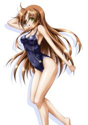 Rule 34 | 1girl, arm up, armpits, bare legs, bare shoulders, barefoot, blush, breasts, brown hair, code geass, collarbone, covered navel, female focus, green eyes, legs, long hair, looking away, one-piece swimsuit, open mouth, outstretched arm, roura, school swimsuit, shadow, shirley fenette, sideboob, solo, standing, swimsuit