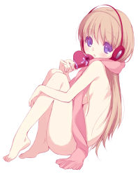 Rule 34 | 1girl, barefoot, box, brown hair, feet, heart, hugging own legs, long hair, matsuda98, naked scarf, nude, original, pink scarf, purple eyes, scarf, simple background, sitting, solo, valentine, white background