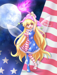 Rule 34 | 1girl, :d, american flag, american flag dress, arm above head, artist name, blonde hair, blush, breasts, clownpiece, commentary request, dated, fire, full body, hat, highres, holding, holding torch, jester cap, long hair, looking at viewer, moon, neck ruff, night, night sky, no shoes, open mouth, polka dot, purple hat, shitacemayo, short sleeves, sky, small breasts, smile, solo, standing, star (sky), star (symbol), star print, torch, touhou, very long hair