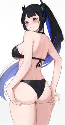 Rule 34 | 1girl, ass, back, bare shoulders, bikini, black bikini, black hair, blue hair, blush, breasts, closed mouth, colored inner hair, commentary, english commentary, floating hair, from behind, highres, hololive, hololive english, horns, ku roiko, large breasts, long hair, looking at viewer, looking back, mole, mole under eye, multicolored hair, nerissa ravencroft, red eyes, simple background, solo, swimsuit, thighs, two-tone hair, very long hair, virtual youtuber, white background