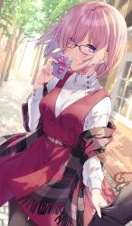 Rule 34 | 1boy, 1girl, alternate costume, artist name, beach, belt, black-framed eyewear, black pantyhose, blush, box, breasts, building, buttons, cleavage, closed mouth, clothes grab, commentary, cowboy shot, day, dress, dutch angle, eyelashes, fate/grand order, fate (series), fingernails, floating, floating hair, gift, gift box, glasses, hair over one eye, hand up, highres, holding, holding gift, incoming gift, kuroki (ma-na-tu), light purple hair, light rays, long sleeves, looking at viewer, mash kyrielight, medium breasts, obligation chocolate, out of frame, outdoors, pantyhose, pink ribbon, purple eyes, red dress, ribbon, road, shawl, short hair, sleeve grab, sleeveless, sleeveless dress, solo focus, sweater, sweater under dress, toy block, tree, turtleneck, turtleneck sweater, valentine, white sweater